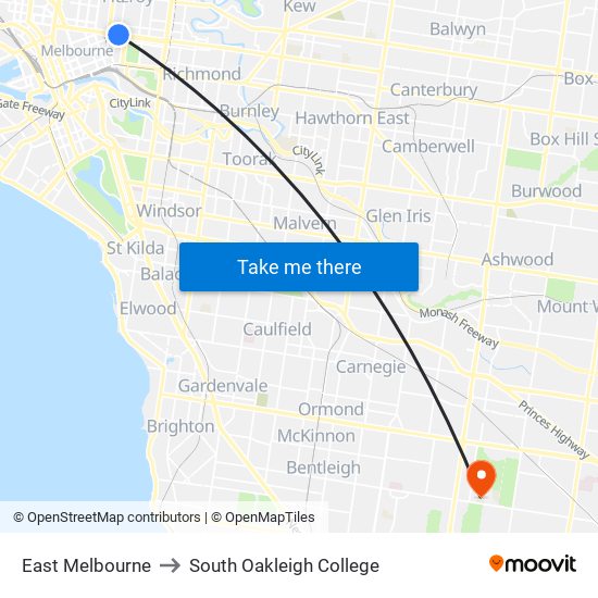 East Melbourne to South Oakleigh College map
