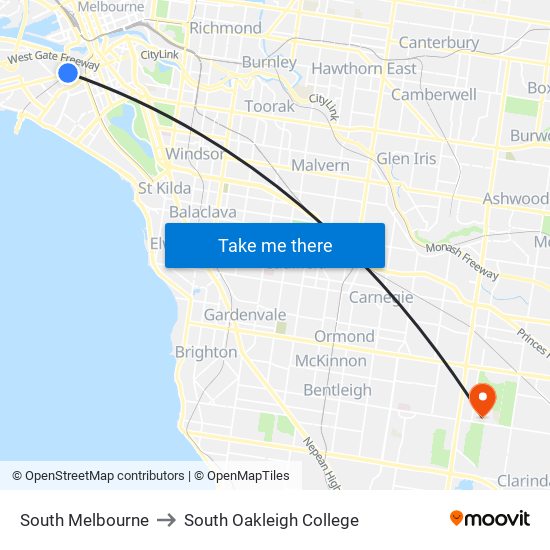 South Melbourne to South Oakleigh College map