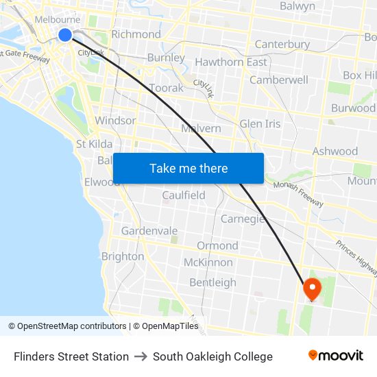 Flinders Street Station to South Oakleigh College map