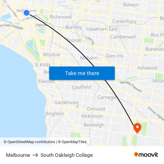 Melbourne to South Oakleigh College map