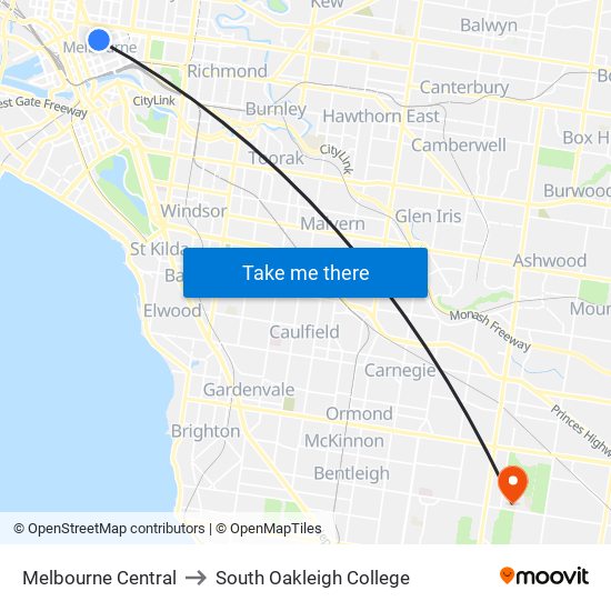 Melbourne Central to South Oakleigh College map