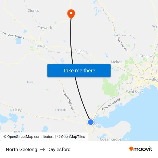 North Geelong to Daylesford map