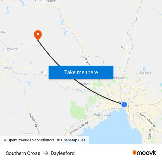 Southern Cross to Daylesford map