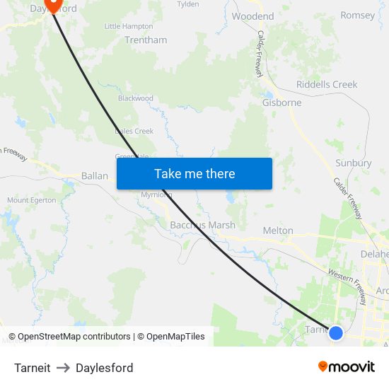 Tarneit to Daylesford map