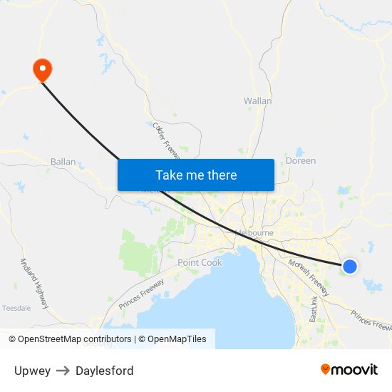 Upwey to Daylesford map