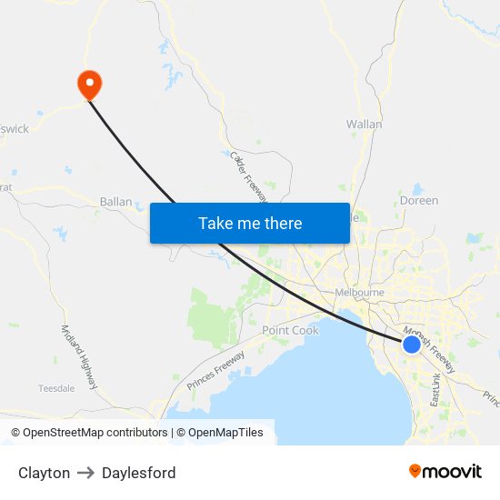 Clayton to Daylesford map