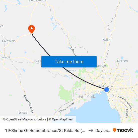 19-Shrine Of Remembrance/St Kilda Rd (Melbourne City) to Daylesford map