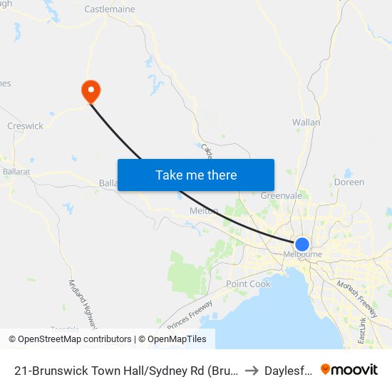 21-Brunswick Town Hall/Sydney Rd (Brunswick) to Daylesford map