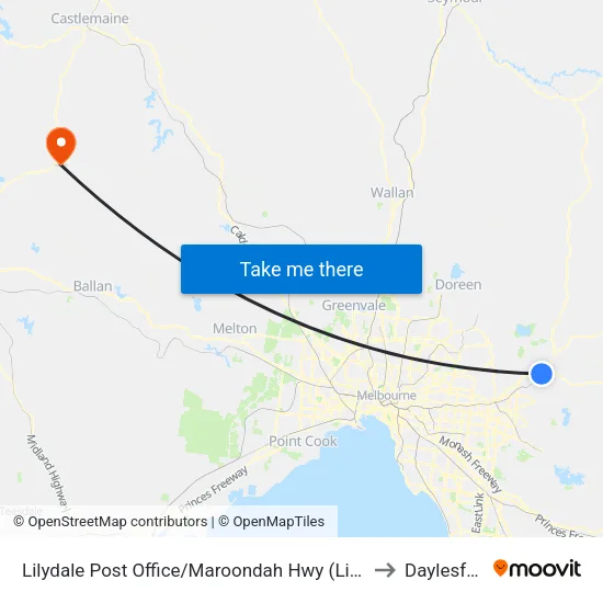 Lilydale Post Office/Maroondah Hwy to Daylesford map