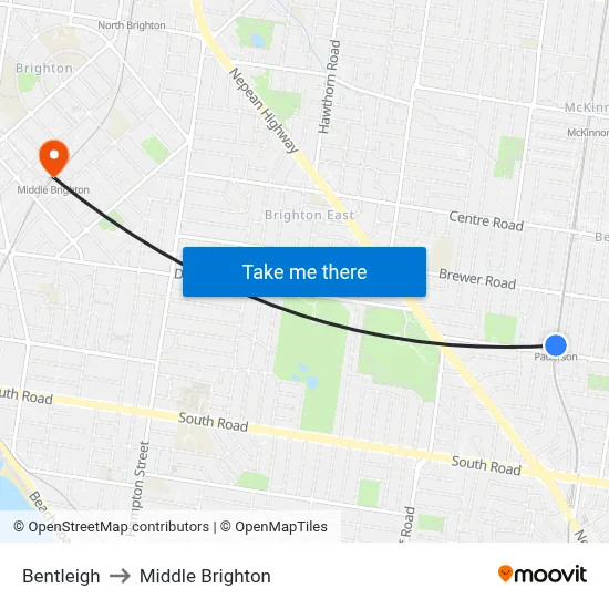 Bentleigh to Middle Brighton map