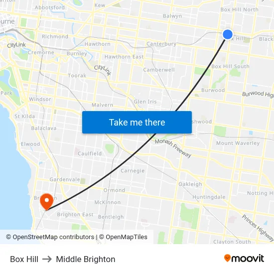 Box Hill to Middle Brighton map
