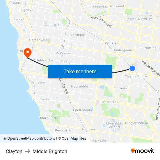 Clayton to Middle Brighton map