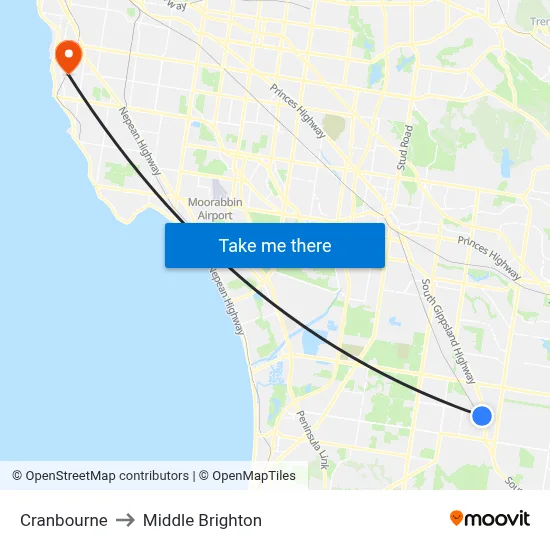 Cranbourne to Middle Brighton map