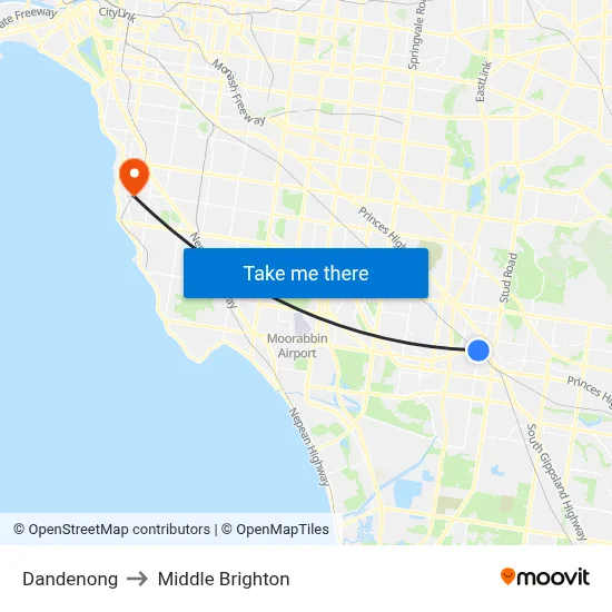 Dandenong to Middle Brighton map
