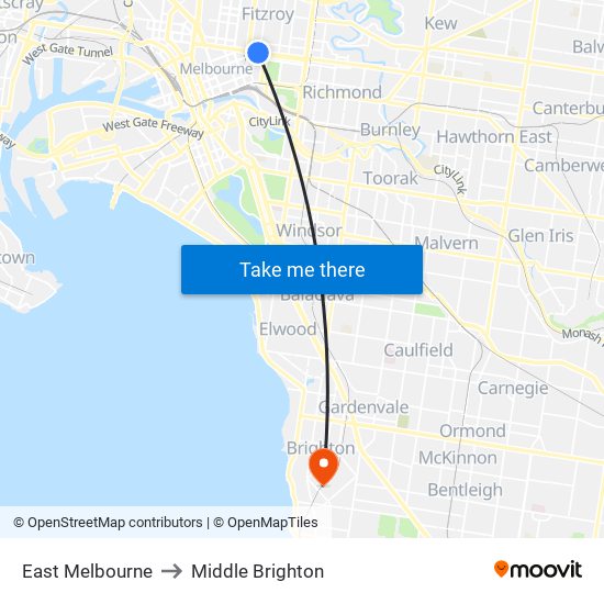 East Melbourne to Middle Brighton map