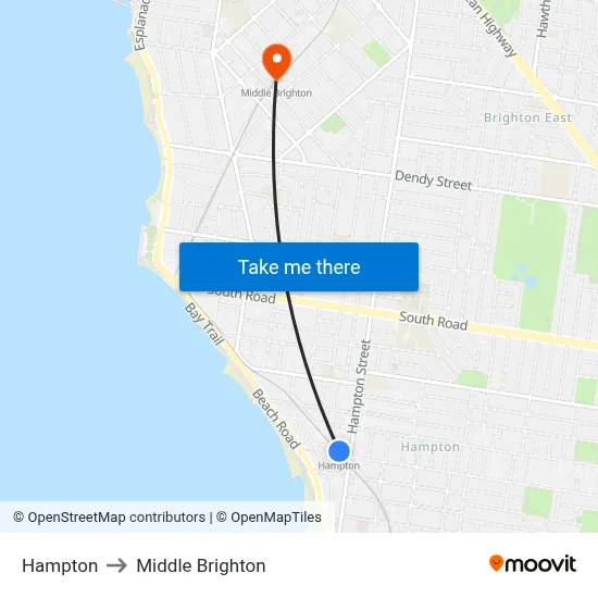 Hampton to Middle Brighton map