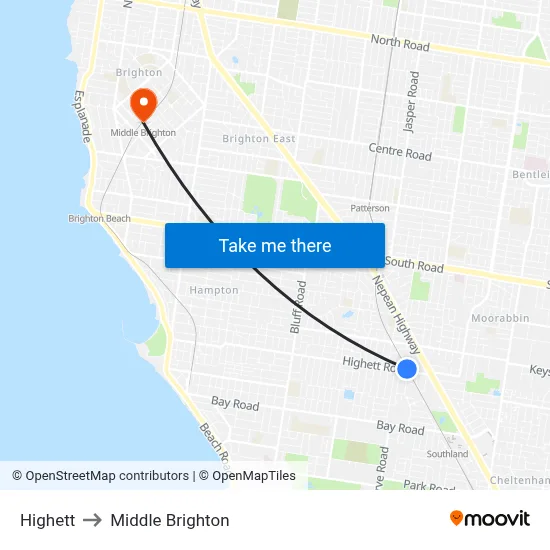 Highett to Middle Brighton map