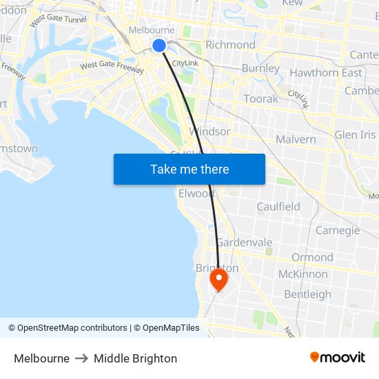 Melbourne to Middle Brighton map