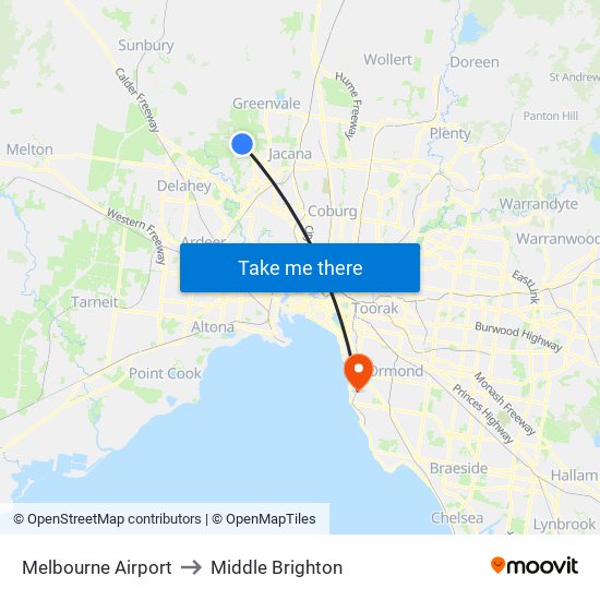 Melbourne Airport to Middle Brighton map