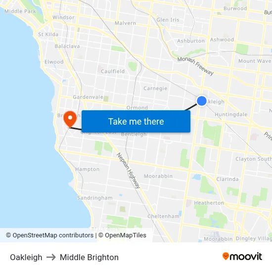 Oakleigh to Middle Brighton map