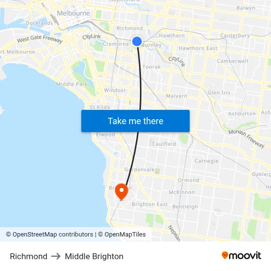 Richmond to Middle Brighton map