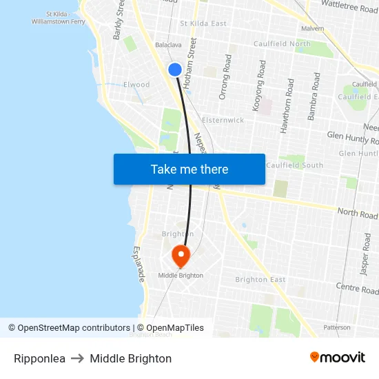 Ripponlea to Middle Brighton map