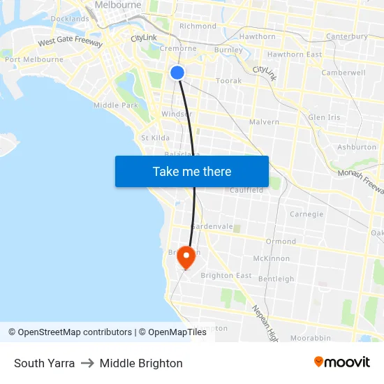 South Yarra to Middle Brighton map