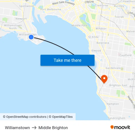 Williamstown to Middle Brighton map