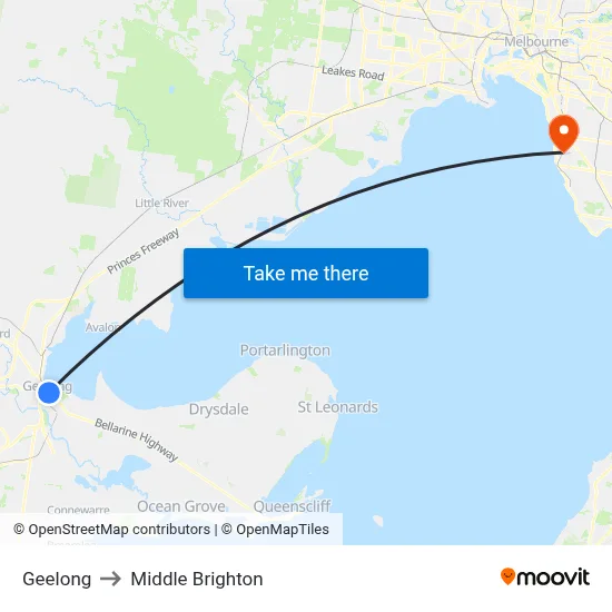 Geelong to Middle Brighton map
