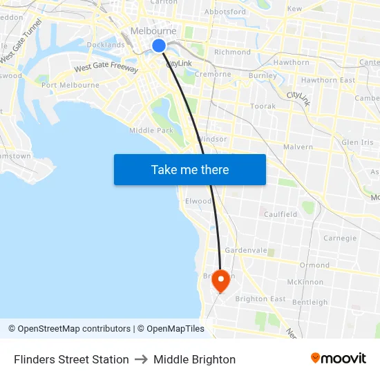 Flinders Street Station to Middle Brighton map