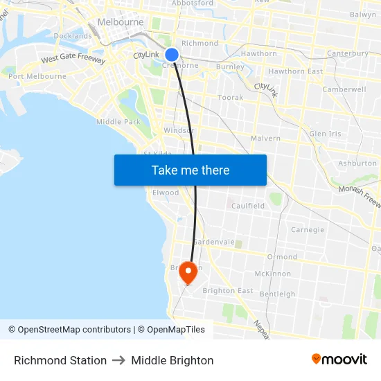 Richmond Station to Middle Brighton map