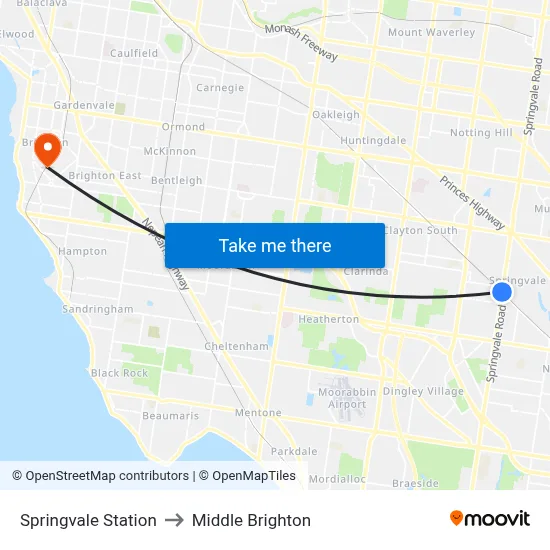 Springvale Station to Middle Brighton map