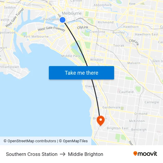 Southern Cross Station to Middle Brighton map