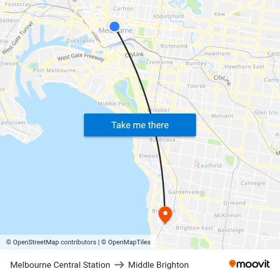 Melbourne Central Station to Middle Brighton map