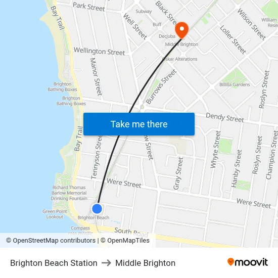 Brighton Beach Station to Middle Brighton map