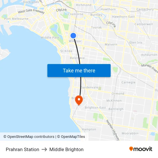 Prahran Station to Middle Brighton map