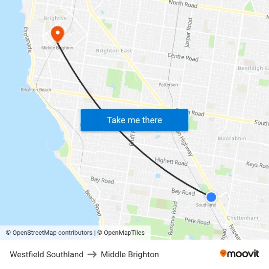 Westfield Southland to Middle Brighton map