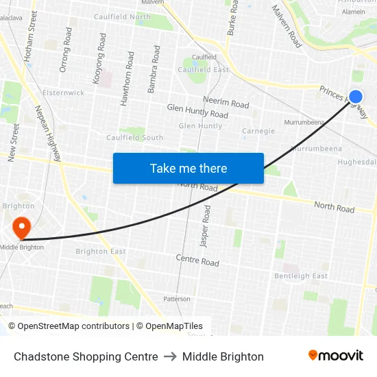 Chadstone Shopping Centre to Middle Brighton map