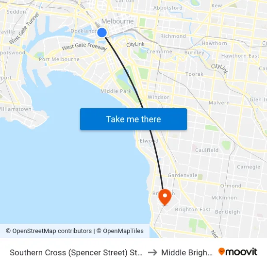 Southern Cross (Spencer Street) Station to Middle Brighton map