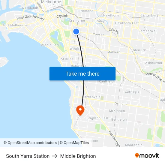 South Yarra Station to Middle Brighton map