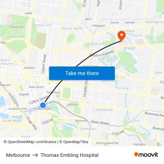 Melbourne to Thomas Embling Hospital map