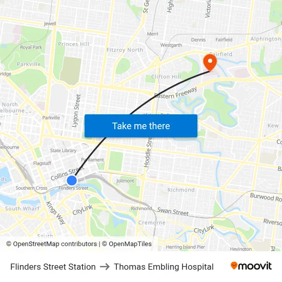 Flinders Street Station to Thomas Embling Hospital map