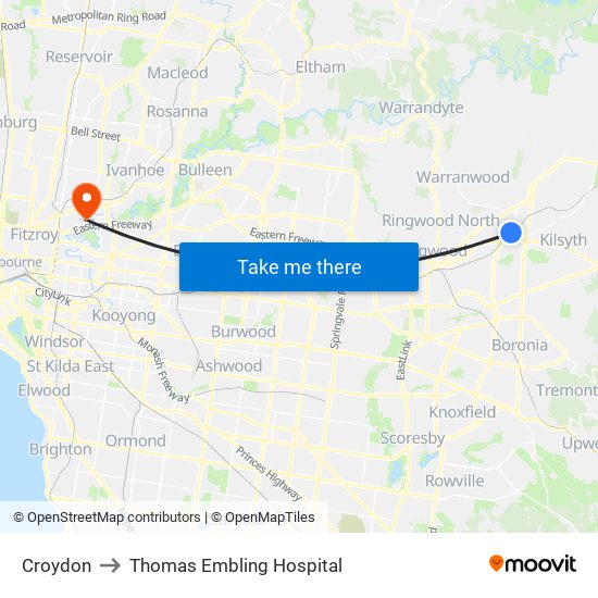 Croydon to Thomas Embling Hospital map