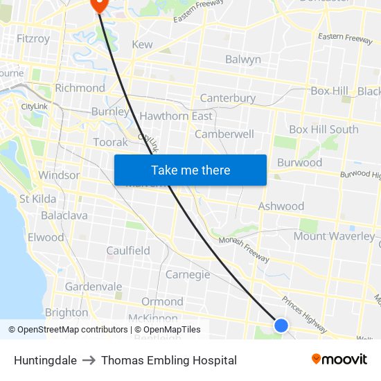 Huntingdale to Thomas Embling Hospital map