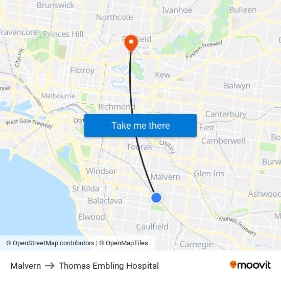 Malvern to Thomas Embling Hospital map
