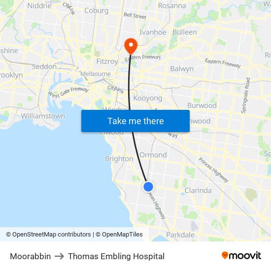 Moorabbin to Thomas Embling Hospital map