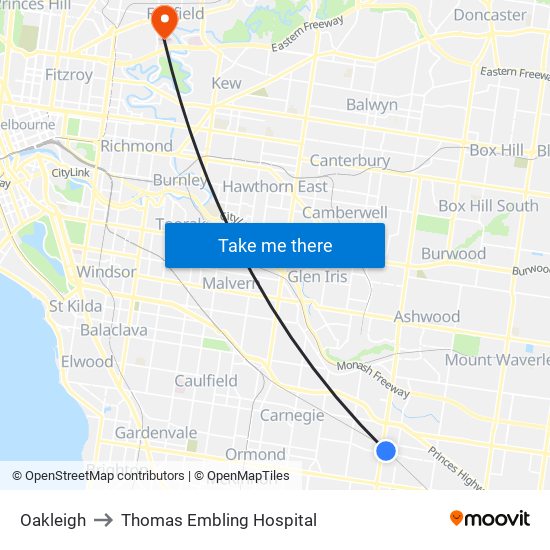 Oakleigh to Thomas Embling Hospital map