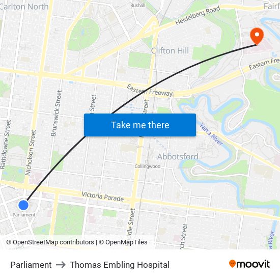 Parliament to Thomas Embling Hospital map