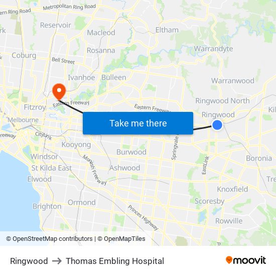 Ringwood to Thomas Embling Hospital map