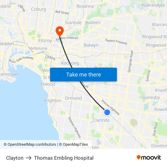 Clayton to Thomas Embling Hospital map